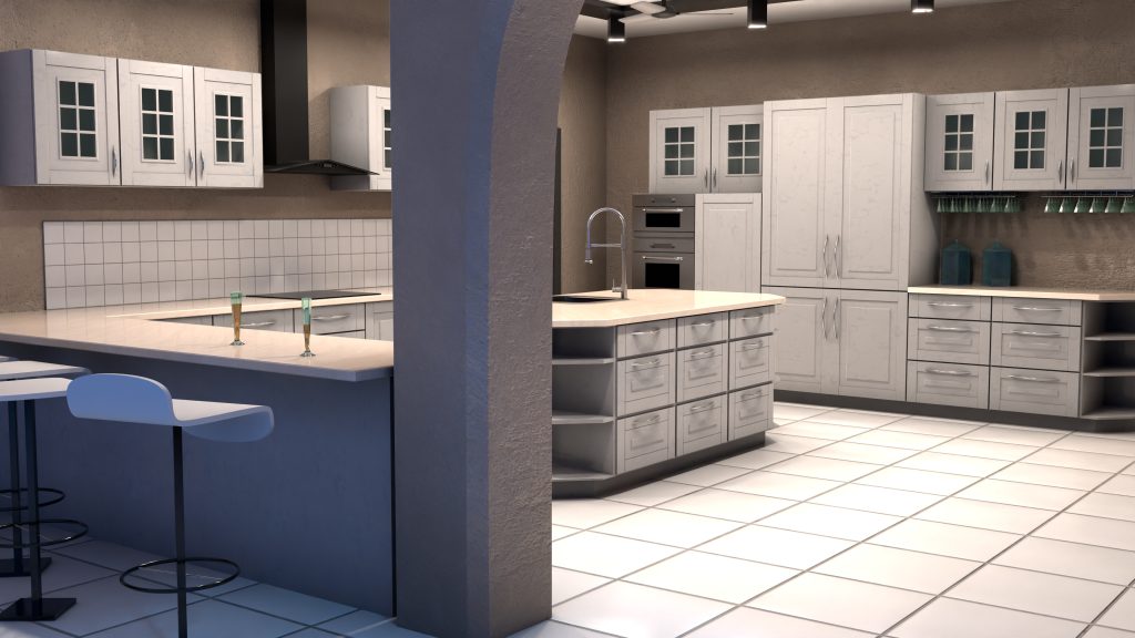 Rendu précalculé d'une cuisine modélisée en 3D