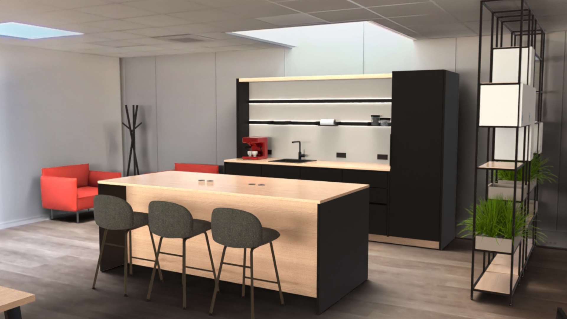 Cuisine aménagée dans l'application virtuelle 360 web de bureaux 3D.