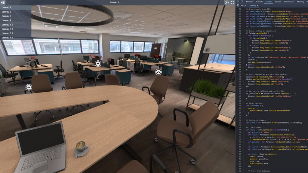 Développement de la visite virtuelle 360 web de bureaux 3D.